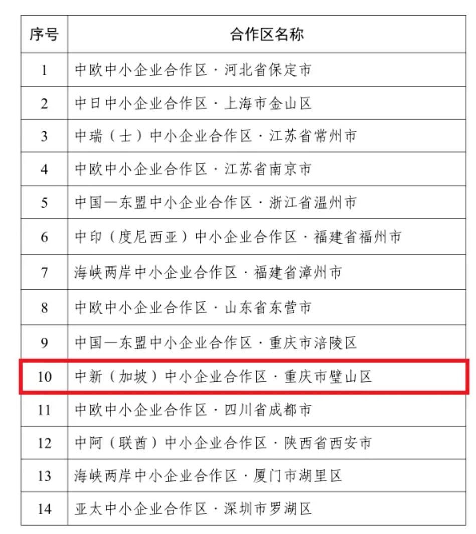 全国首批！璧山“中新(加坡)中小企业合作区”入选中外中小企业合作区